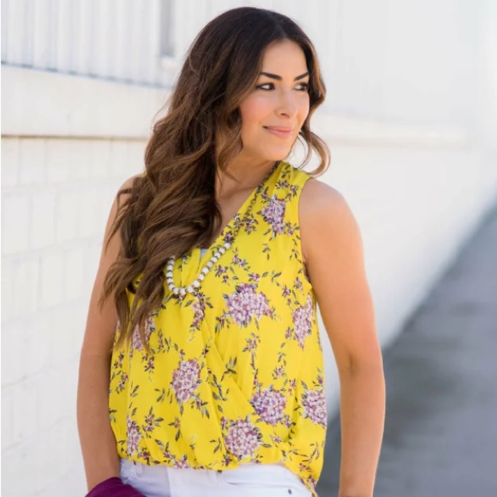 Staccato Floral Faux Wrap Top - Size L, Yellow/Lavender